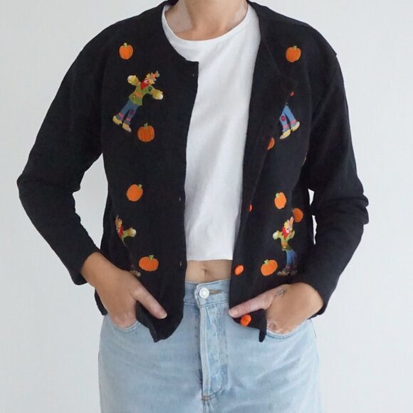 Sweaters - Vintage BellePointe Black Pumpkin Scarecrow Cotton Halloween Holiday Cardigan L